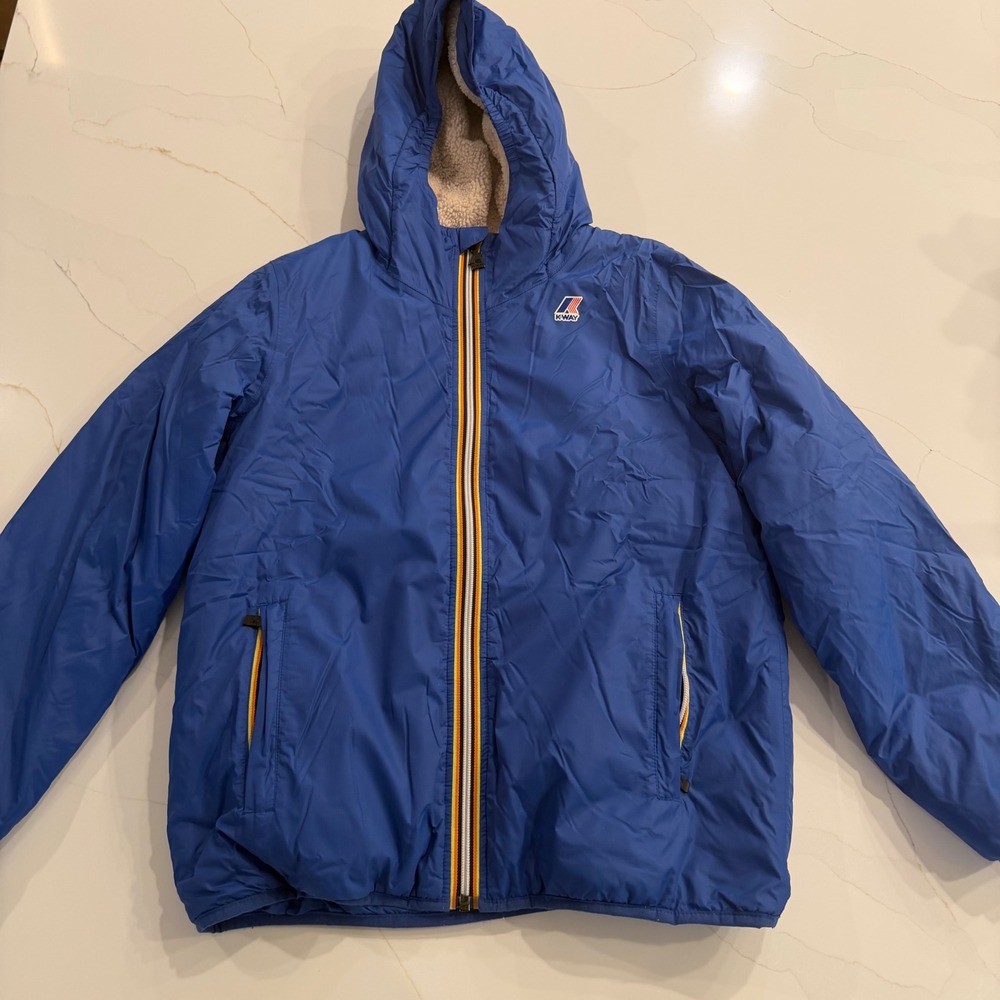 K‎ Way Kids Reversible Blue Sherpa Lined Hooded Jacket Size 12 Years